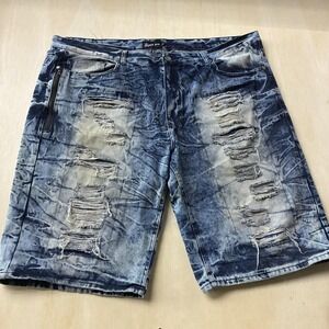 Y2K Red Ape Denim Shorts Men 50 Blue Acid Wash Distressed Ripped 15 Inseam Baggy